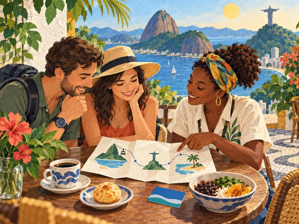 Uma guia e dois viajantes planejam um passeio com um mapa, diante da paisagem do Rio.